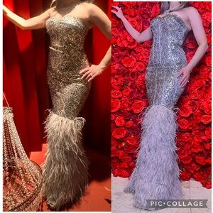 Bebe gold label sequin & feather Silver gown